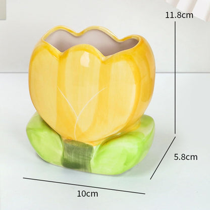 Pen Holder for Desk Cute Toothbrush Holder Tulips Vase Decor Aesthetic Pencil Holder for Office Makeup Brush Holder Yellow Kawaii Desk Accessories Home Decor Birthday Gifts for Women