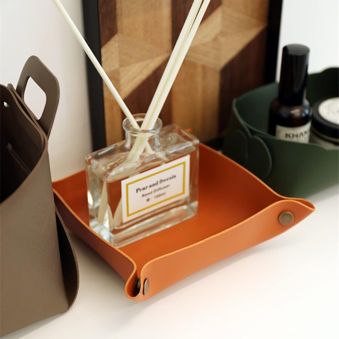 Leather Valet Tray, Small Catchall Tray, Desktop Storage Organizer, EDC Dump Tray for Key, Phone, Jewelry, Wallet, Coin, Watch (Khaki-S)