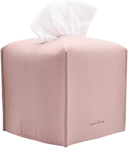 Tissue Box Cover Holder, Square with Bottom Belt by Carrot's Den - PU Leather Decorative Organizer for Tabletop, Bathroom, Car, Office | Beige