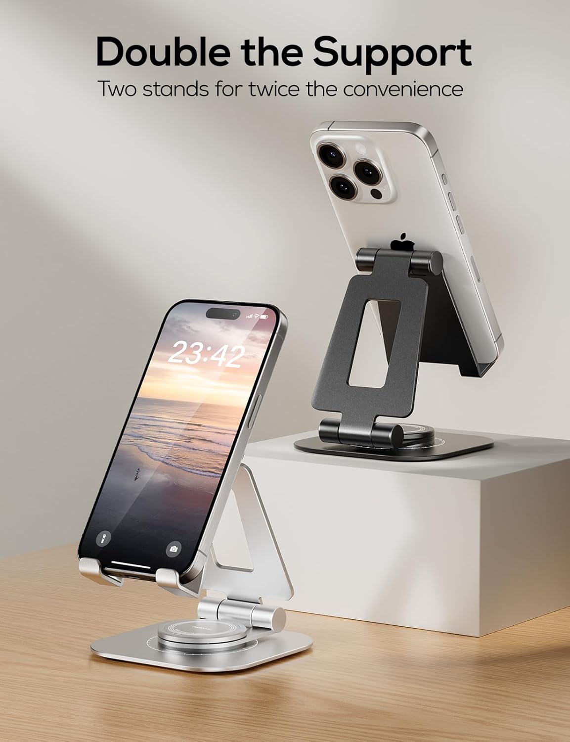 Nulaxy 2-Pack 360 Rotating Phone Stand, Fully Adjustable Foldable Phone Holder, Aluminum Desktop Cradle with Anti-Slip Base, Office Accessories Dock for All Phones with Thick Case, Black