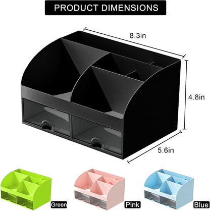 COMFYROOM Desk Organizer with 6 Compartments and 2 Drawers, Plastic Makeup Organizer, Pen Holder for Desktop Storage, Desk Organization for School, Home, Office Supplies (White)