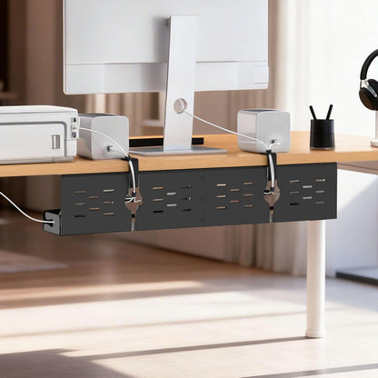 Univivi Under Desk Cable Management Tray - 32" Steel Cord Organizer, No-Drill C-Clamp & Screw Mount for Office/Home, Effortless Wire Management (Black)