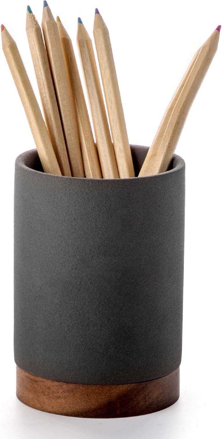 Pen Holder for Desk, Ceramic Pencil Organizer & Makeup Brush Holder, Office Decor and Desk Accessories，Perfect Office Organization,Teacher Supplies (White, Set / 1)