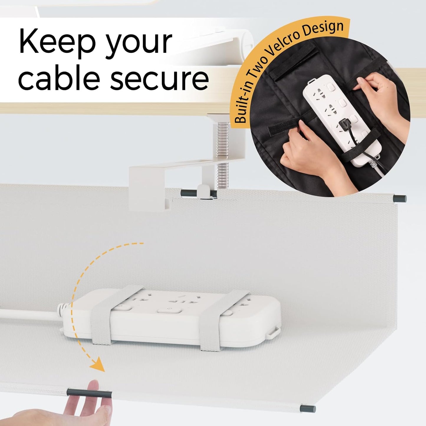 Under Desk Cable Management Tray 27.2" - No Drill Computer Wire Organizer Cable Tray, Cord Hider Clamp Mount with 16X Cable Ties PC Cables Management Cord Holder for Office/Home (Upgrade Fabric,White)