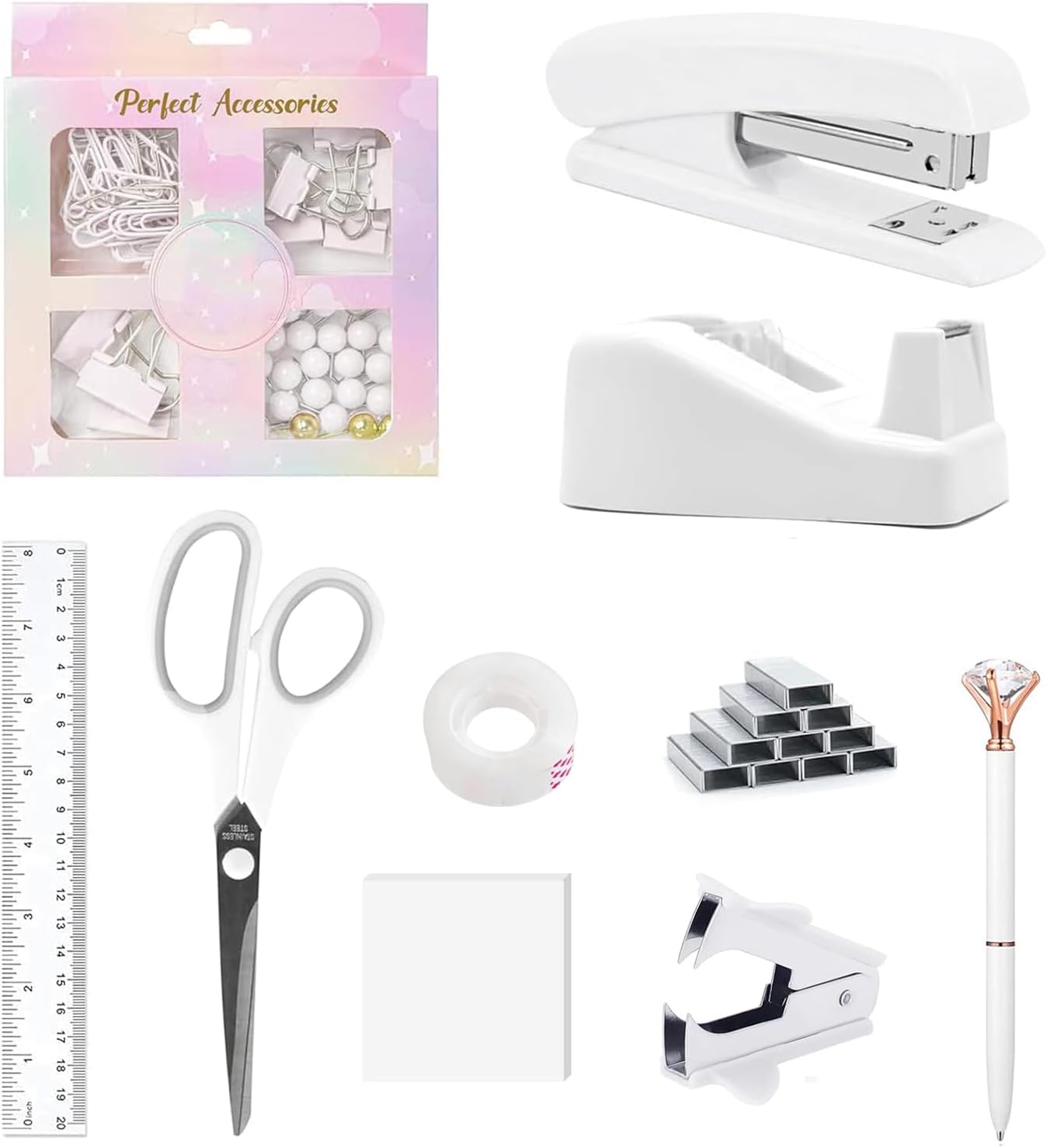 suniya Office Supplies,Gold Desk Accessories,with Stapler,Tape Dispenser,Pen Holder,Scissors,Phone Stand,Staple Remover,Ballpoint Pen,Clear Tape, Staples,Ruler,Clips,Best Gift for Business or Boss