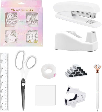 suniya Office Supplies,Gold Desk Accessories,with Stapler,Tape Dispenser,Pen Holder,Scissors,Phone Stand,Staple Remover,Ballpoint Pen,Clear Tape, Staples,Ruler,Clips,Best Gift for Business or Boss