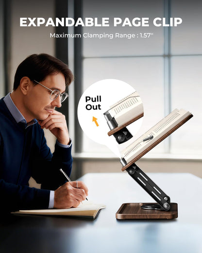 Adjustable Book Stand for Reading, Book Holder with 360° Rotation Base, Height Adjustable Book Reading Stand with Extendable Page Clips — Wooden Stand Holder for Cookbook, Receipe Book, Thick Book