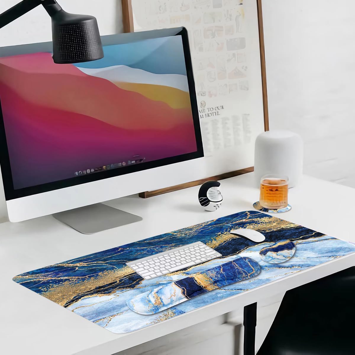 Large Mouse Pad and Keyboard Wrist Rest, Desk Pad for Keyboard and Mouse, 4-in-1 Large Gaming Mouse Pad with Wrist Support, Desk Mat for Home Office Study Game-Galaxy Fluid