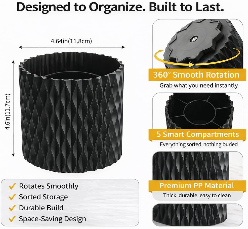 Black Pen Holder for Desk, 360° Rotating Pen Organizer with 5 Slots - Spinning Pencil Holder & Pencil Cup for Office, Art Supply, Makeup Brush - Desk Organizer for Home, School