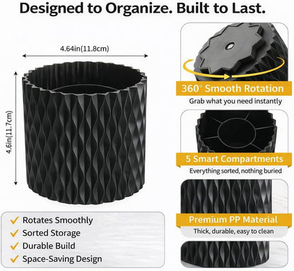 Black Pen Holder for Desk, 360° Rotating Pen Organizer with 5 Slots - Spinning Pencil Holder & Pencil Cup for Office, Art Supply, Makeup Brush - Desk Organizer for Home, School