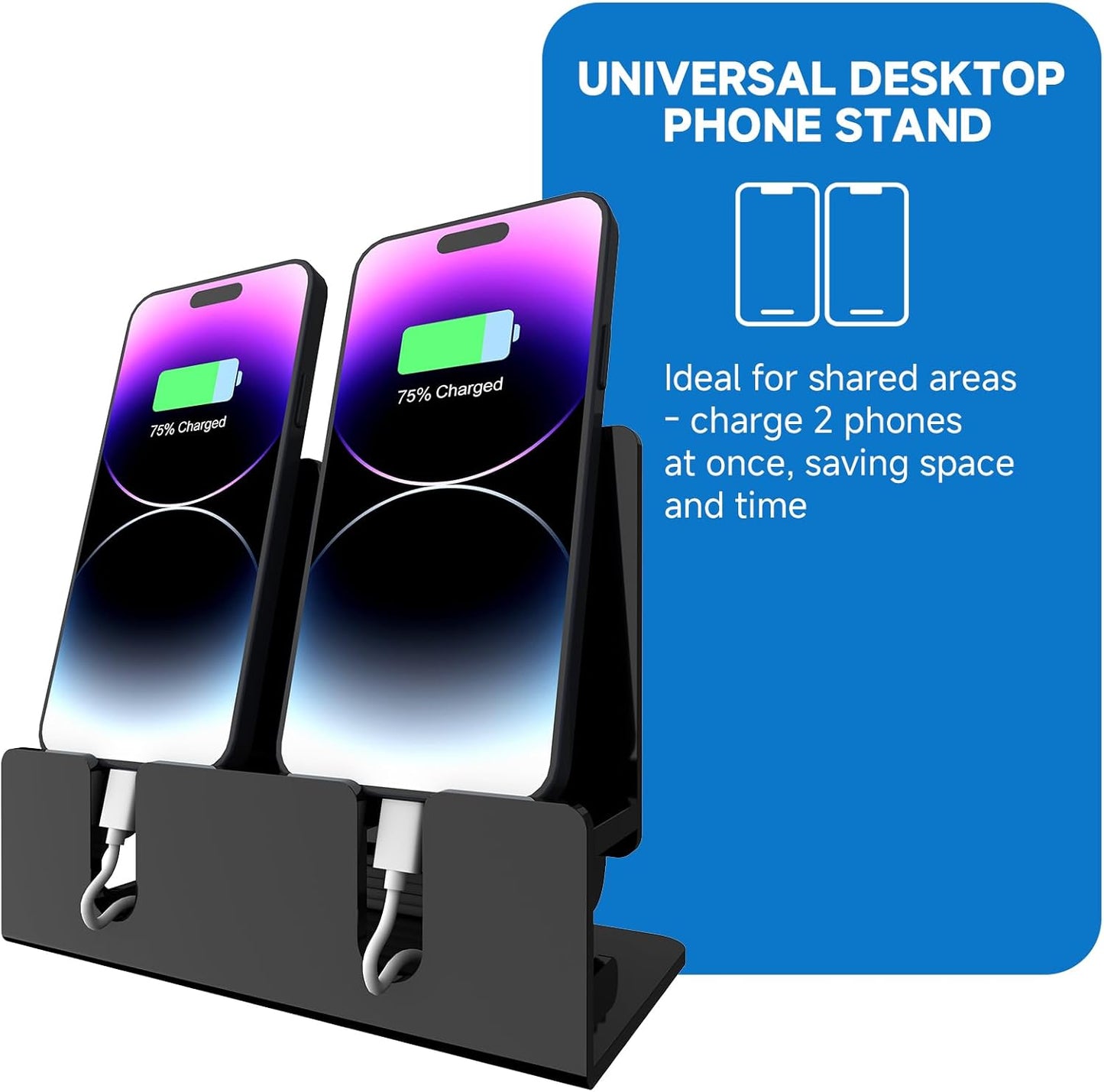 Dual Phone Holder Organizer Stand for 2 Phones, Acrylic Desktop Universal Mobile Phone Docking Station Charger Holder with Cable Management, Black