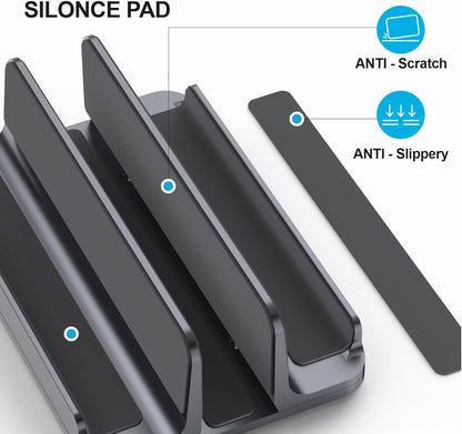 YICOSUN Aluminum Vertical Laptop Stand for Desk - Adjustable Width Dock for MacBook, Surface, Samsung, HP, Dell up to 17.3 inches - Space-Saving & Protective Design - Gray