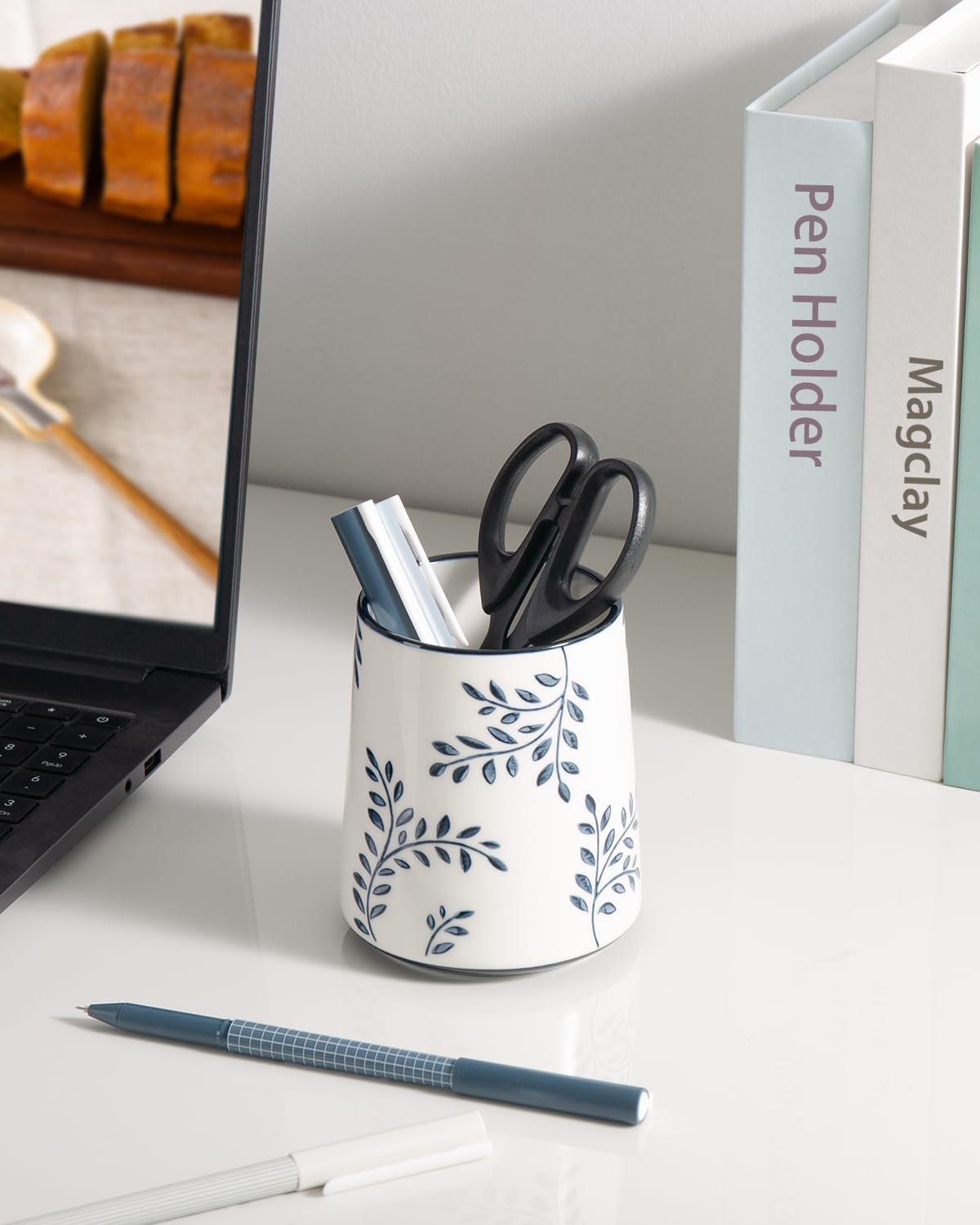 Pencil Holder for Desk, Ceramic Pen Holder, Blue and White Chinoiserie Desk Pen Organizer, Flowers and Branches