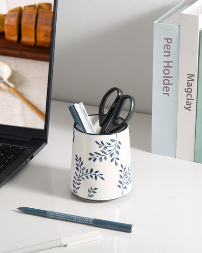 Pencil Holder for Desk, Ceramic Pen Holder, Blue and White Chinoiserie Desk Pen Organizer, Flowers and Branches