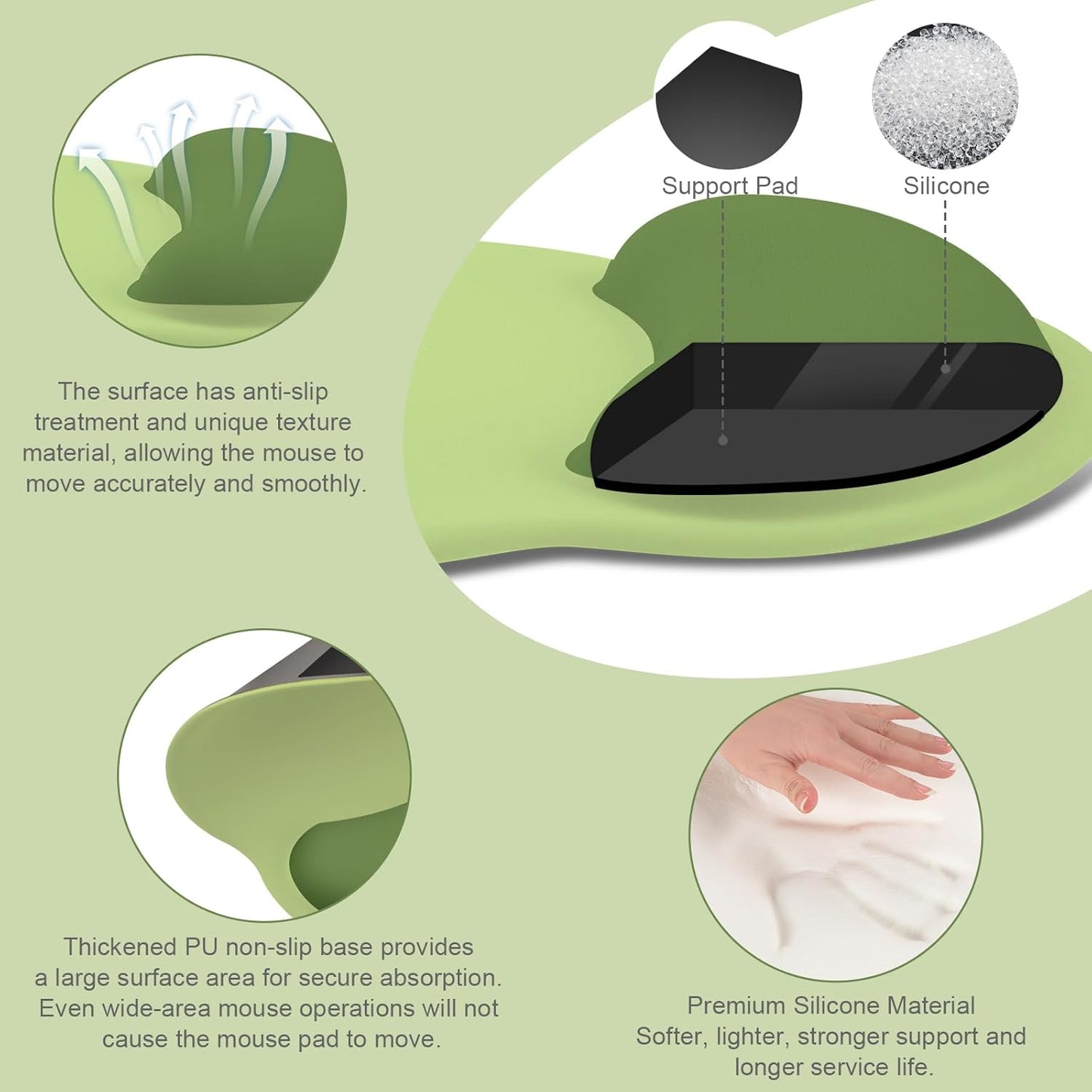 MOSISO Wrist Rest Support for Mouse Pad&Keyboard Set, Circle Curved Ergonomic Mousepad&Coaster Non-Slip Base Home/Office Pain Relief&Easy Typing Pad with Soft Cloth&Silicone Lining, Antique Green