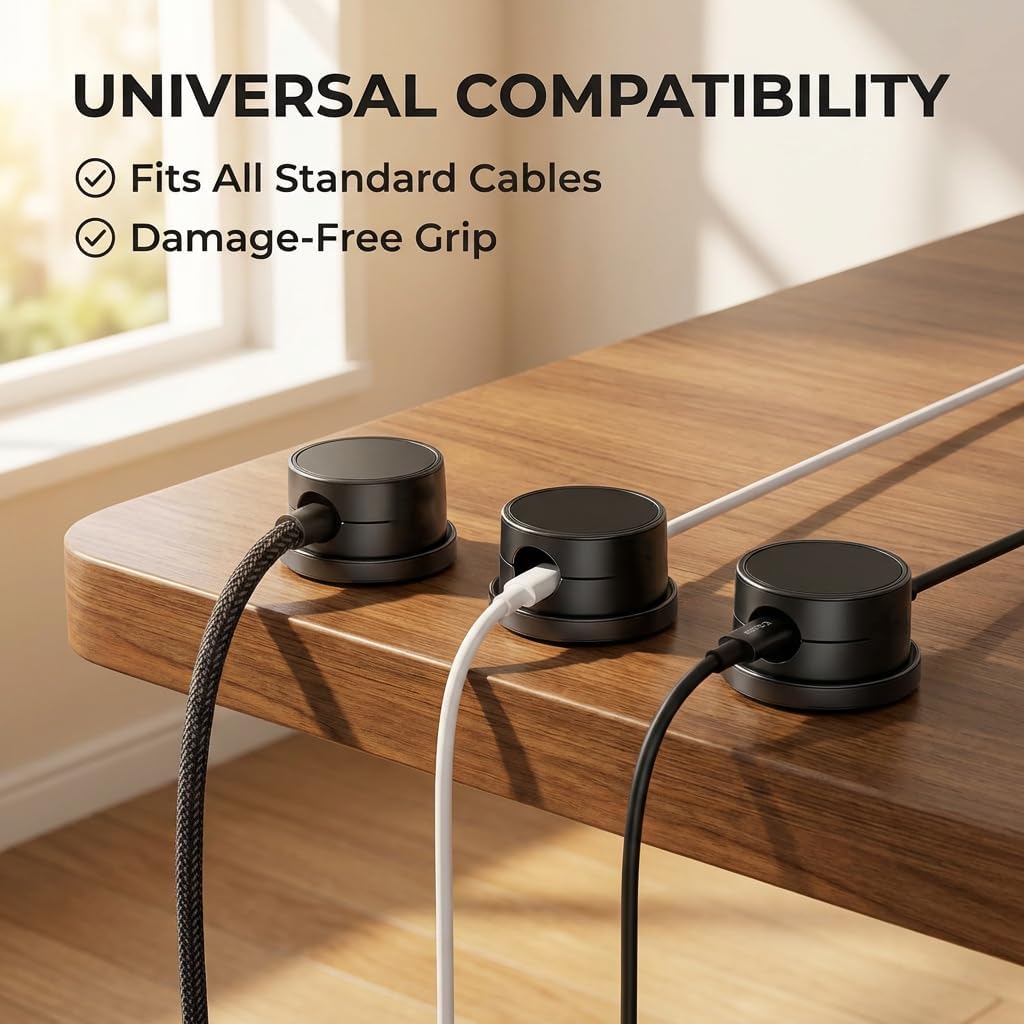 Magnetic Cable Clips, 360° Rotatable Magnetic Clips, Under Desk Cable Management, Strong Adhesive Cord Organizer for Desk, Phone, Wire Cord Holder Keeper for Home, Car, Office Accessories (Black 3PC)