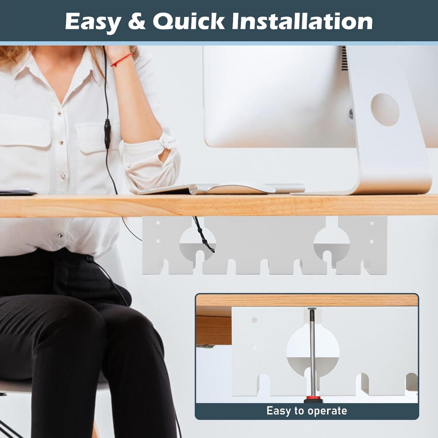 Under Desk Cable Management Tray 2 Pack White, Cable Management Under Table, Cord Organizer Tray for Wire Management, Home & Office Standing Desk Cord Organizer
