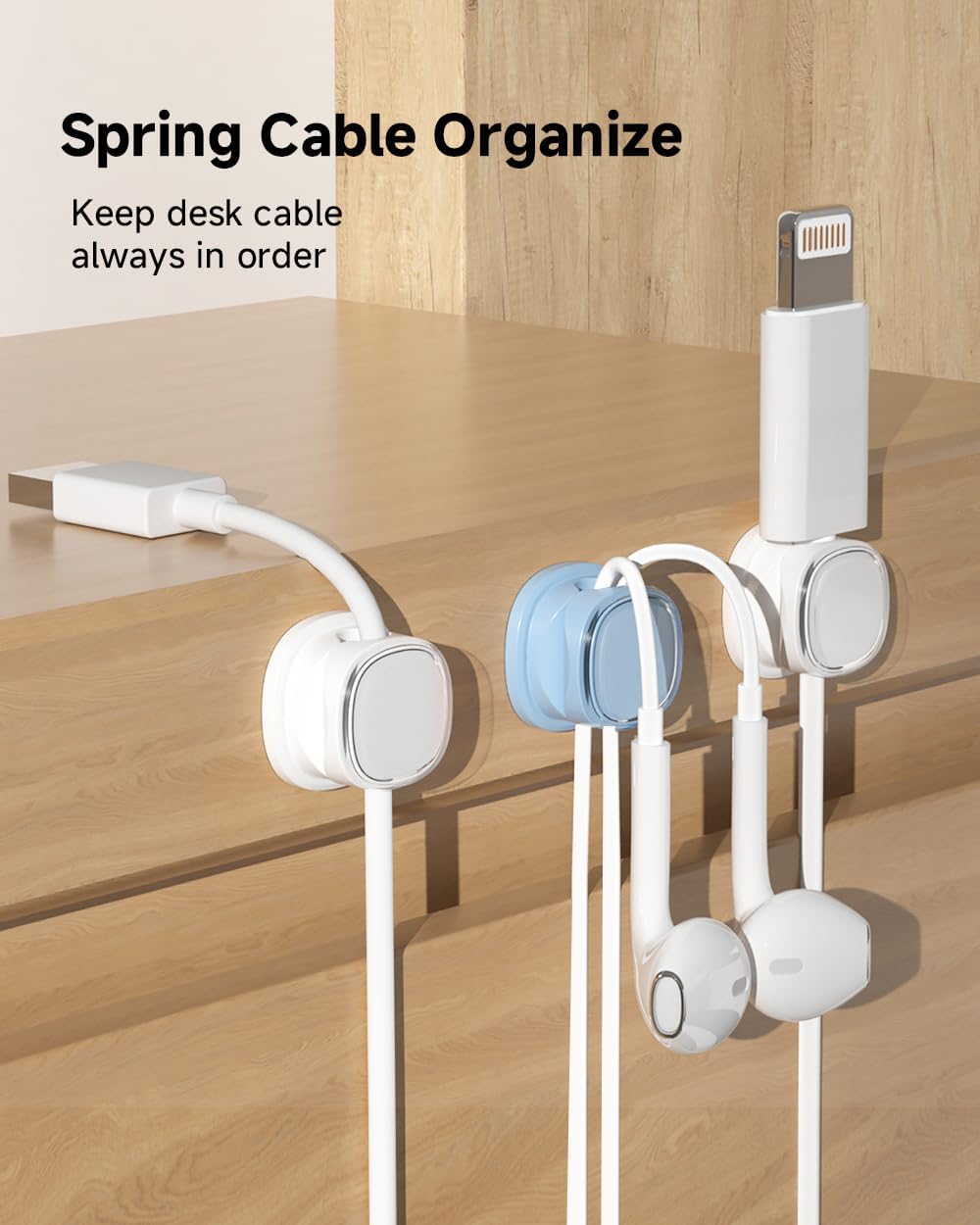 9 Pack Cord Organizer, Spring Cable Management, Adhesive Cute Cable Holder Clips, Phone Charger Wire Keeper for Desk Nightstand Car Office (9-Pack White_Orange_Blue)