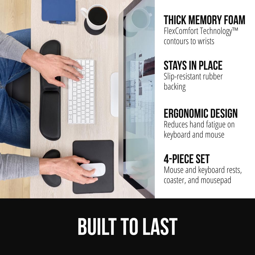 GORILLA GRIP Silky Memory Foam Wrist Rest for Computer Keyboard, Mouse, Ergonomic Design for Typing Pain Relief, Desk Pads Support Hand and Arm, Mousepad Rests, Stain Resistant, 2 Piece Pad, Black