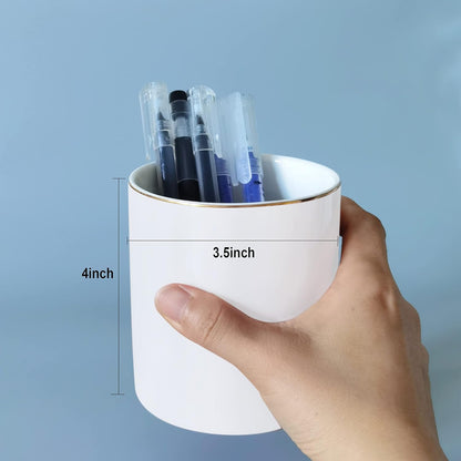 HANKOR Ceramic Pencil Holder for Desk - Cute Gold Trim Pen Aesthetic Makeup Brush Cup Holder Organizer for Desktop Storage Stationery Office Home Supplies, White