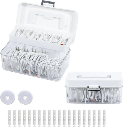 Large Cable Organizer Box with Lid, Plastic Cord Storage Case with Handle and Wire Ties for Home Office, Phone Charger, Art Crafts, Stationery