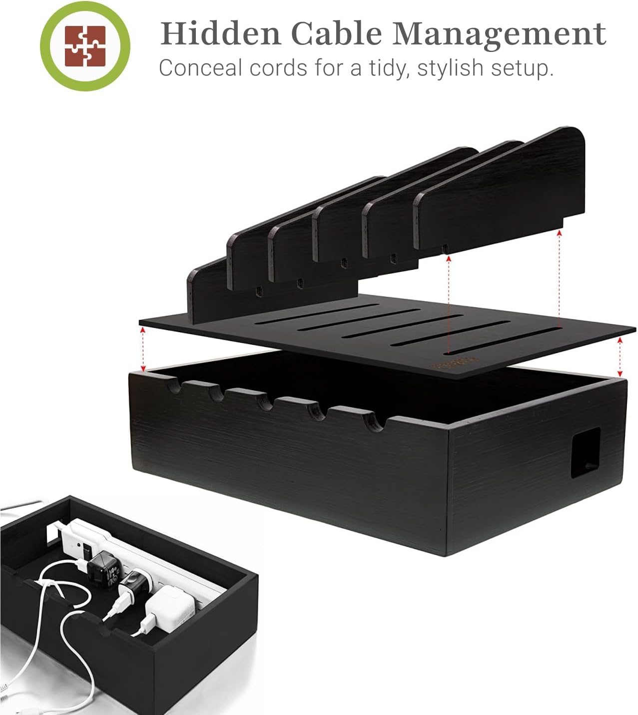 Prosumer's Choice Wooden Charging Station Organizer - 5-Port Base for Phones, Tablets and Laptops - Multi-Device Docking Station with Removable Divider Slots - Cord Box with Cable Management - Bamboo