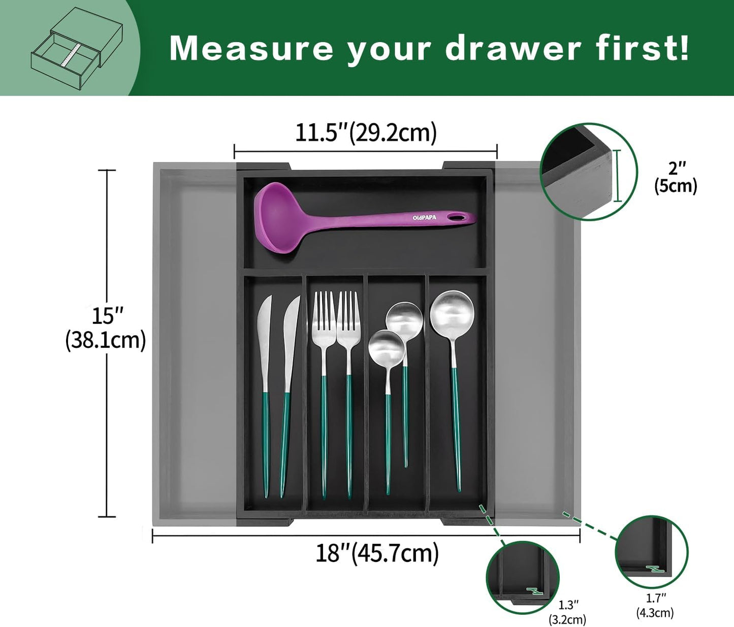 Utoplike Bamboo Expandable Kitchen Drawer Organizer, Adjustable Utensil Holder and Cutlery Tray Organiser, Drawer Divider for Silverware, Flatware, Knives in Kitchen, Bedroom, Living Room, 5 Slot