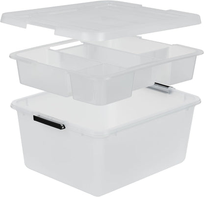 IRIS USA 18 QT Clear Storage Organizer with Removable Dividers, Stackable Plastic Storage Box with Lid, Modular Container for Crafts, Tools, Office & Pantry Organization