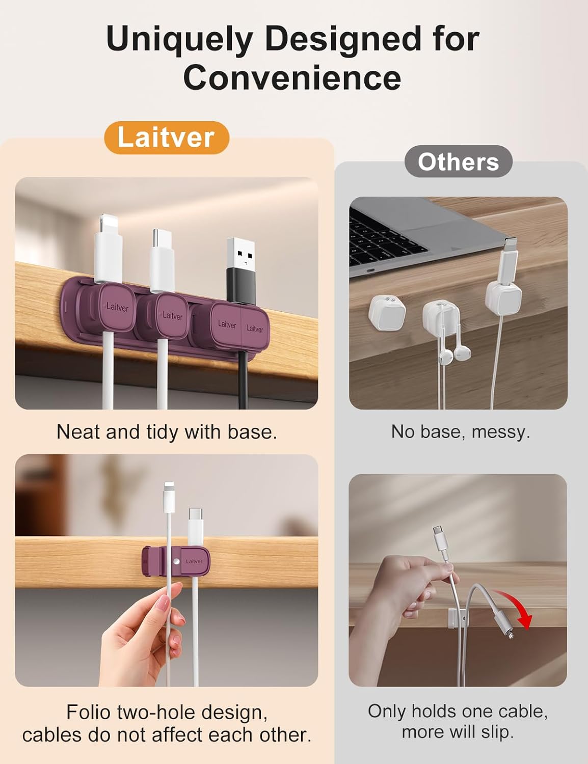 6 Pack Magnetic Cable Clips [1s Open/Lock], Laitver Cord Organizer Holder Strong Adhesive Desk Cable Management- Organize Charging Cords Neatly for Home, Office, Car,Desk, Nightstand