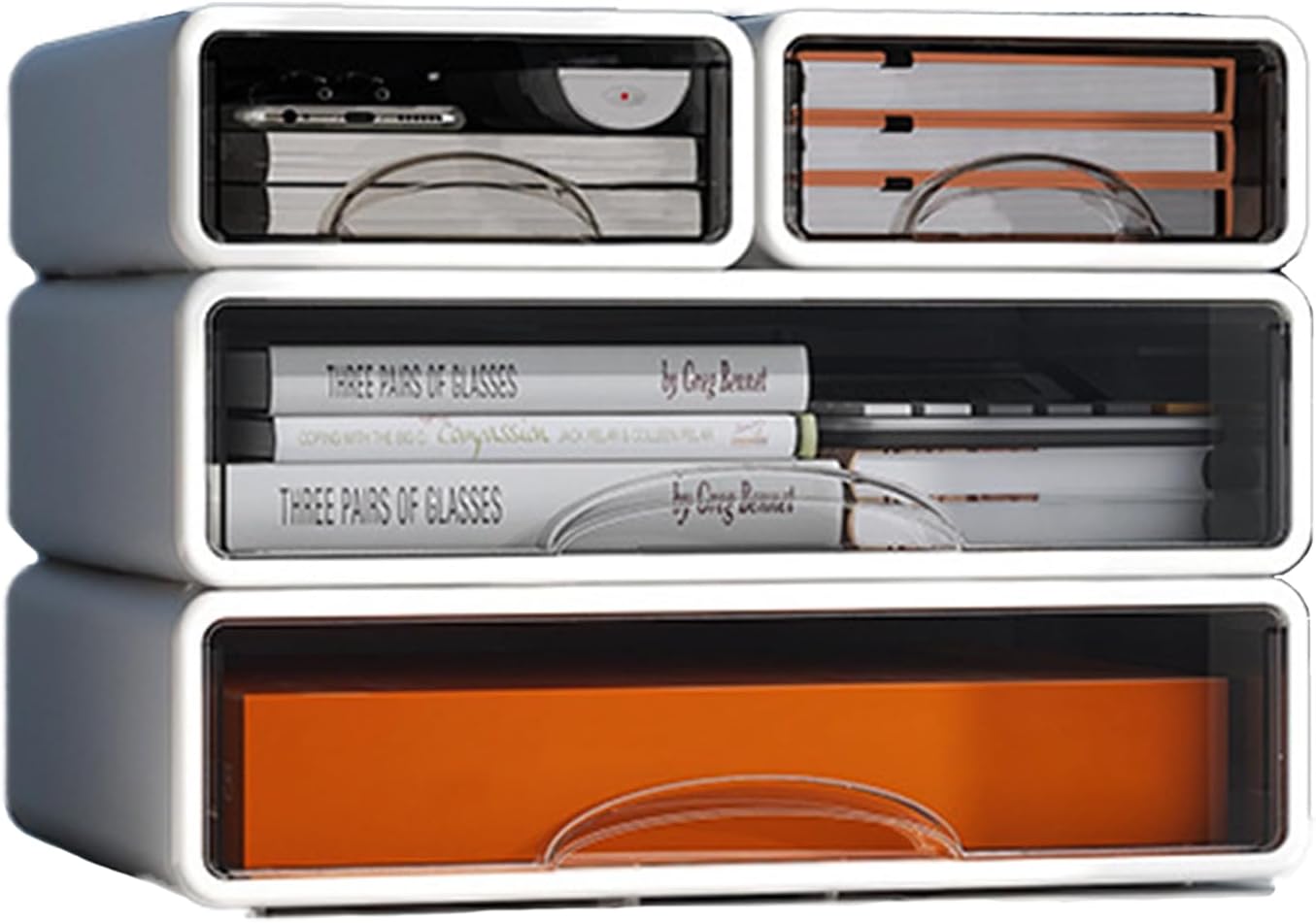 Desk Organizer with Drawers, Stackable Storage Drawers with Compartments Desktop Organization for Office Supplies, Makeup, Pencils, Tape, Erasers, Paperclips, Chargers (4 Pack)