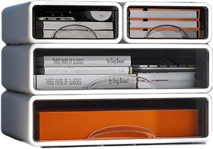 Desk Organizer with Drawers, Stackable Storage Drawers with Compartments Desktop Organization for Office Supplies, Makeup, Pencils, Tape, Erasers, Paperclips, Chargers (4 Pack)