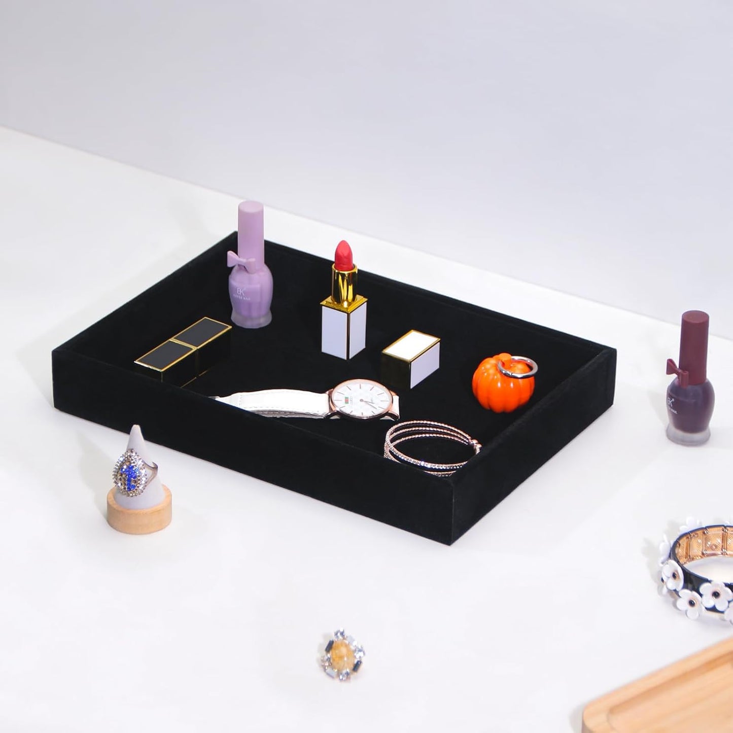 Bedside Organizer - Multi-use Nightstand & Desk-top Catchall Tray for Jewelry, Sunglasses, Phone, Watch, Perfume, Lipstick (Beige 3Grid)