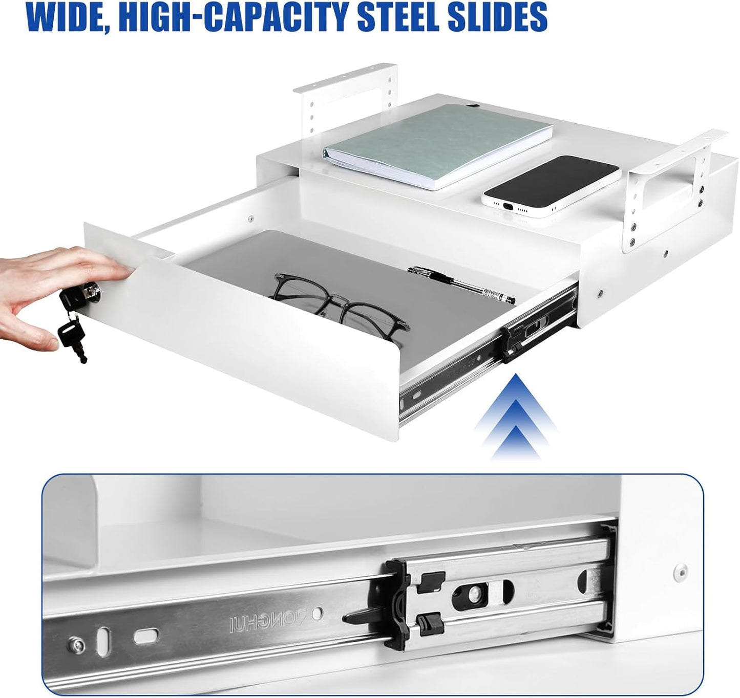 Under Desk Drawer Storage with Lock, Metal Undermount Table Drawer, Ball Bearing Slides Out Tray Organizer for Paper, Pencil, and Laptop 16"x11.8"x3.6", White