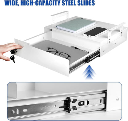 Under Desk Drawer Storage with Lock, Metal Undermount Table Drawer, Ball Bearing Slides Out Tray Organizer for Paper, Pencil, and Laptop 16"x11.8"x3.6", White