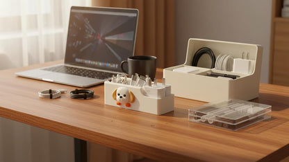 Cable Management Box, Dog Pattern Cord Organizer for Desk, Small Storage Tray for Cables, Chargers, Adapters, Power Strip, Nightstand Organizer, White (6.2 x 3.3 x 2.2 Inch)