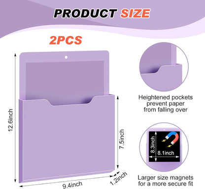 Feifeiya 2 Pcs Magnetic File Folder Wall Hanging Holder Large Pocket Paper Magazine Mail Organizer for Refrigerator Classroom Locker Whiteboard(Vertical,Purple Color,12.2 x 9.4 Inches)