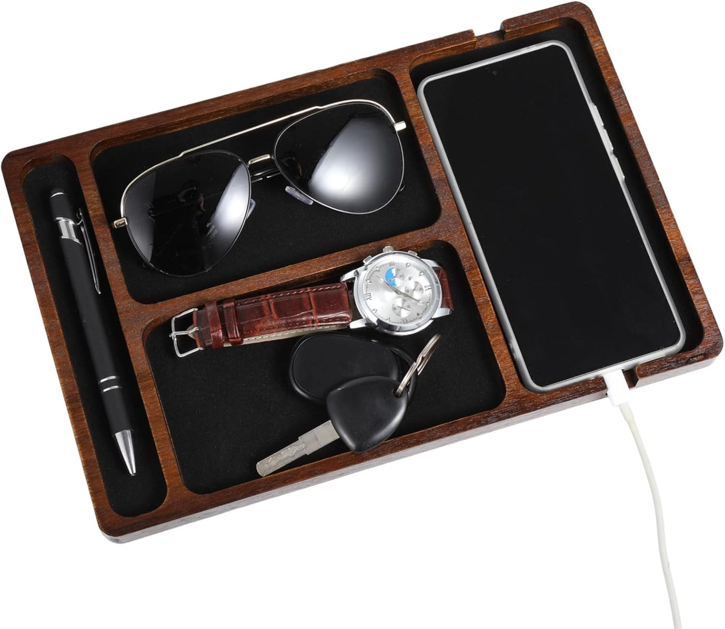 Homaisson 11.6×7.7×0.6" Wood Valet Tray for Men, Key Tray for Men, Acacia Wood Men's EDC Storage Dish for Nightstand, Desk Trays with Phone and Watch Slots