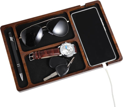 Homaisson 11.6×7.7×0.6" Wood Valet Tray for Men, Key Tray for Men, Acacia Wood Men's EDC Storage Dish for Nightstand, Desk Trays with Phone and Watch Slots
