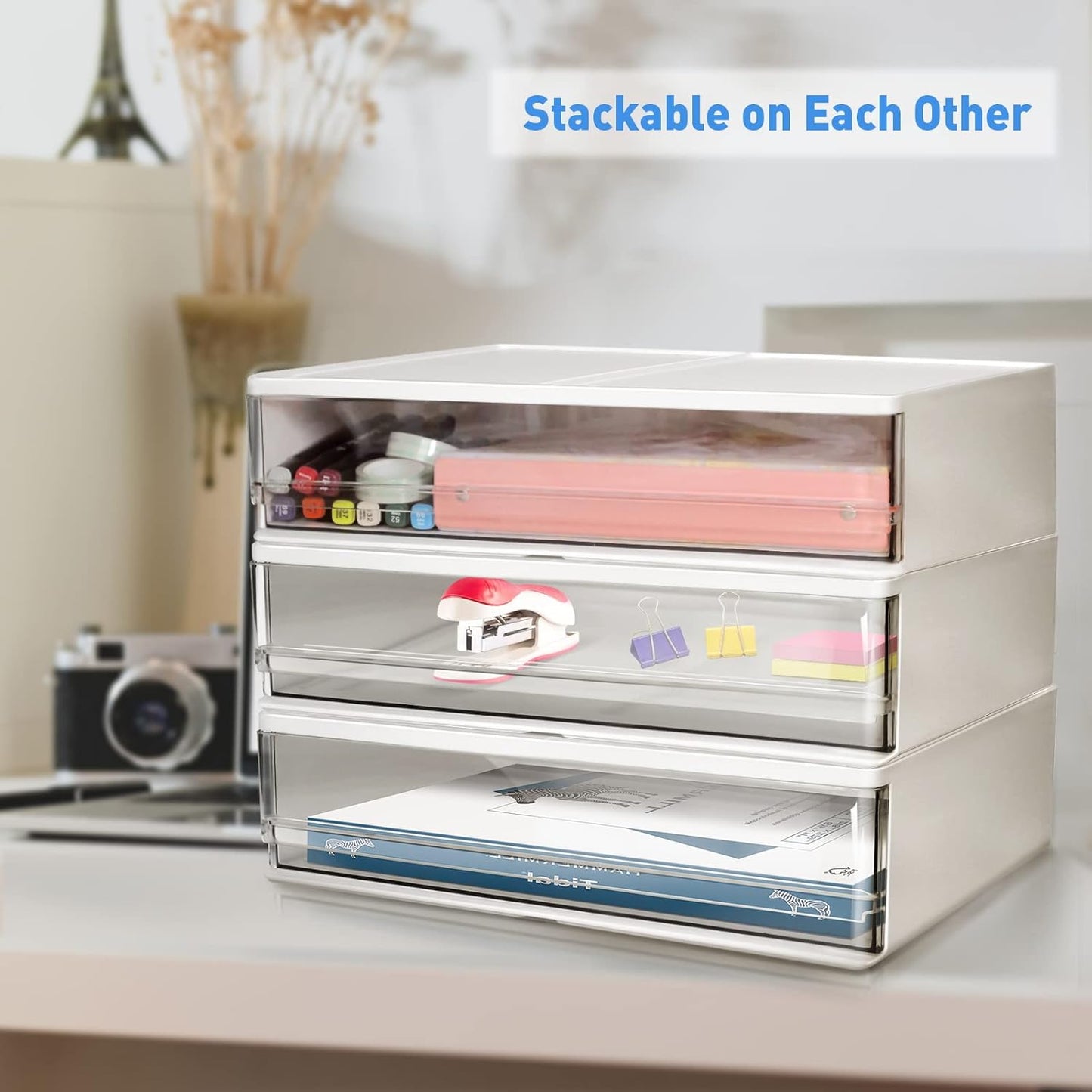 Harhana Printer Paper Holder Desk Organizer with Drawer, Stackable Desktop Storage Drawers 13.5 inch Wide - Pearl White (1 PCS)