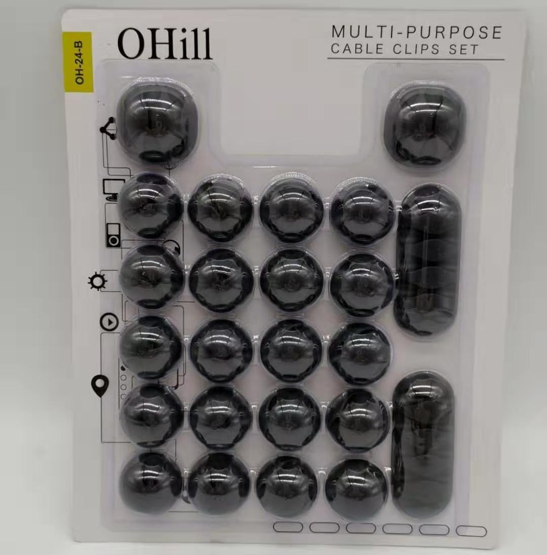 OHill 16-Pack Black Cord Organizer - Adhesive Cable Clips Holder for Desk, Wall, Car - Wire Management Clips for iPhone Charger, USB, Computer Cables -Cord Keepers with Strong Sticky Backing