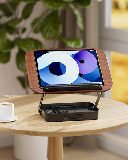 Adjustable Book Stand with Storage Drawer, 360° Rotating Book Holder, Height & Angle Adjustable, Extra-Wide Page Clips for Thick Books, Wood & Aluminum Book Stand for Desk, Study, Kitchen