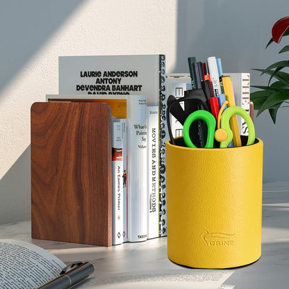 Leather Pen Holder, Brown Pencil Holder, Desktop Elegant Pen Holder for Desk, Stationery Organizer for School Office Home Dorm (3.3" x 3.3" x 4", Brown)