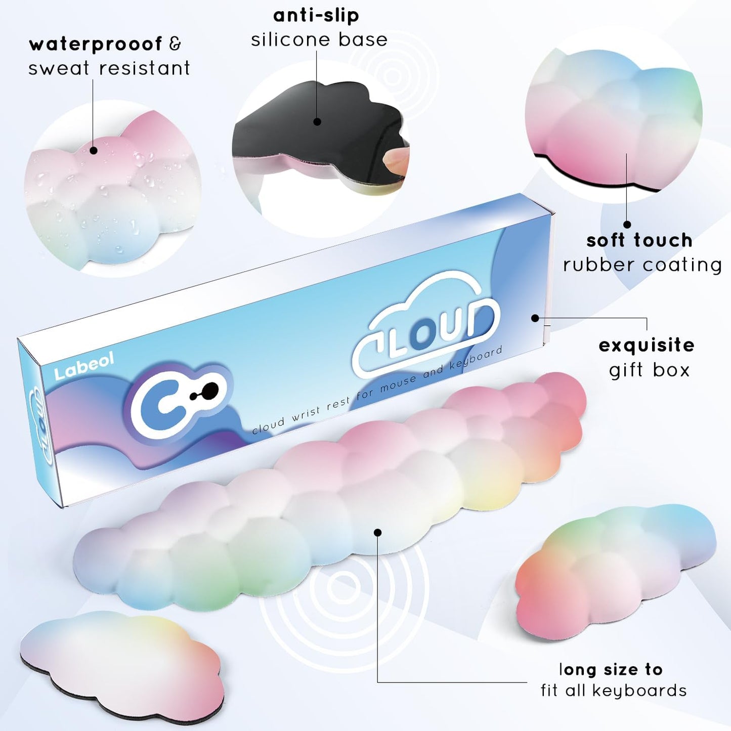 Cloud Wrist Rest for Computer Keyboard Arm Wrist Rest with Non-Slip Base Extended Wrist Rest Ergonomic Memory Foam for Keyboard and Mouse Typing Pain Relief, Office, Gaming, Computer
