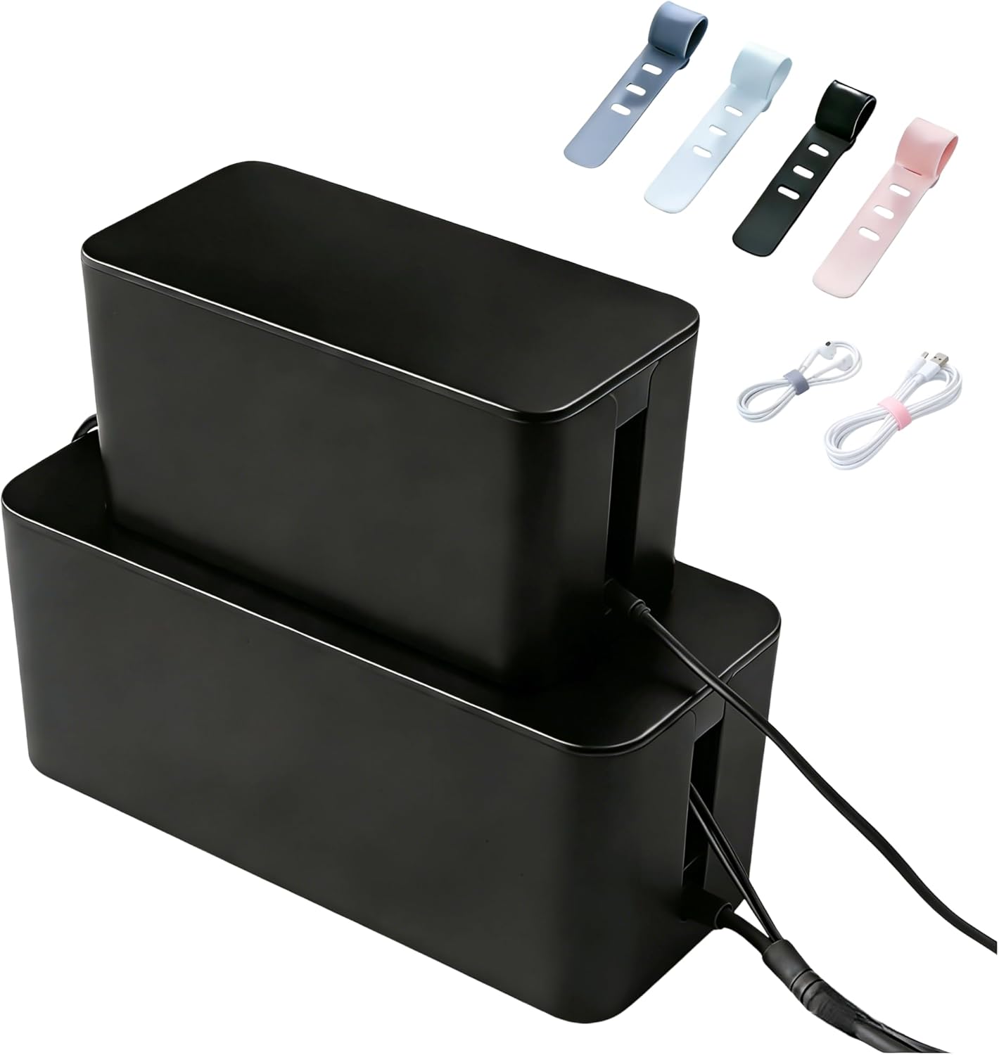 1Large+1Small Cable Organizer Set with 4 Silicone Cable Ties, 2-Piece Cable Management Box, Bamboo Lid Cord Organizer for Home Office,Set of Two Cable Box,Cable Organizer Box(Bamboo lid/White)