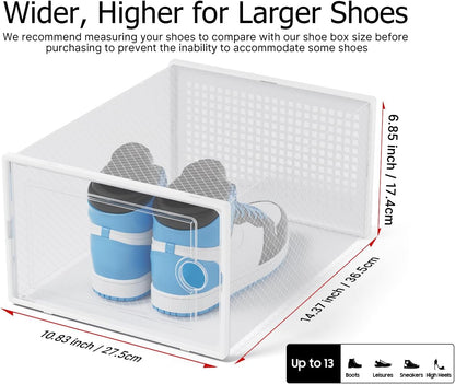 Kuject X-Large Shoe Storage Boxes Organizers Clear Plastic Stackable 12 Pack, Shoe Rack & Holder Substitute, Sneaker Containers, Toy Storage Organizer Bins for Entryway, Closet, Under Bed, Black