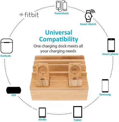 Wooden Charging Station for Multiple Devices - 5 Port USB Desktop Organizer with Watch Holder, Compatible with Phones Tablets Electronics (Black, 11.3x13x17cm/4.4x5.1x6.7in)