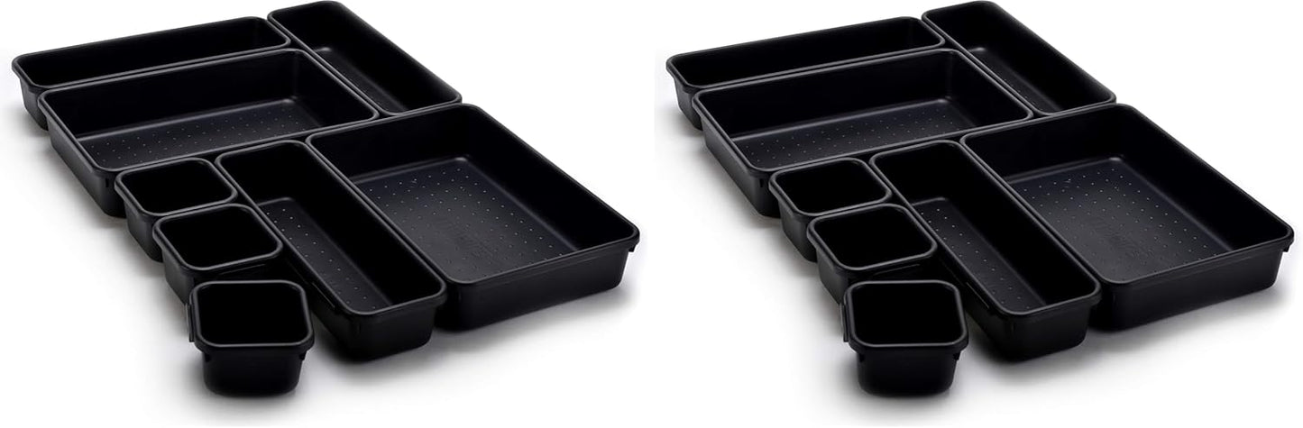 Masirs Interlocking Drawer Organizer Bins, Durable Plastic, Various Sizes for Custom Layout Design, Great for Desk Drawer, Tool Box or Garage Organization, (Black | 8-Piece Set)
