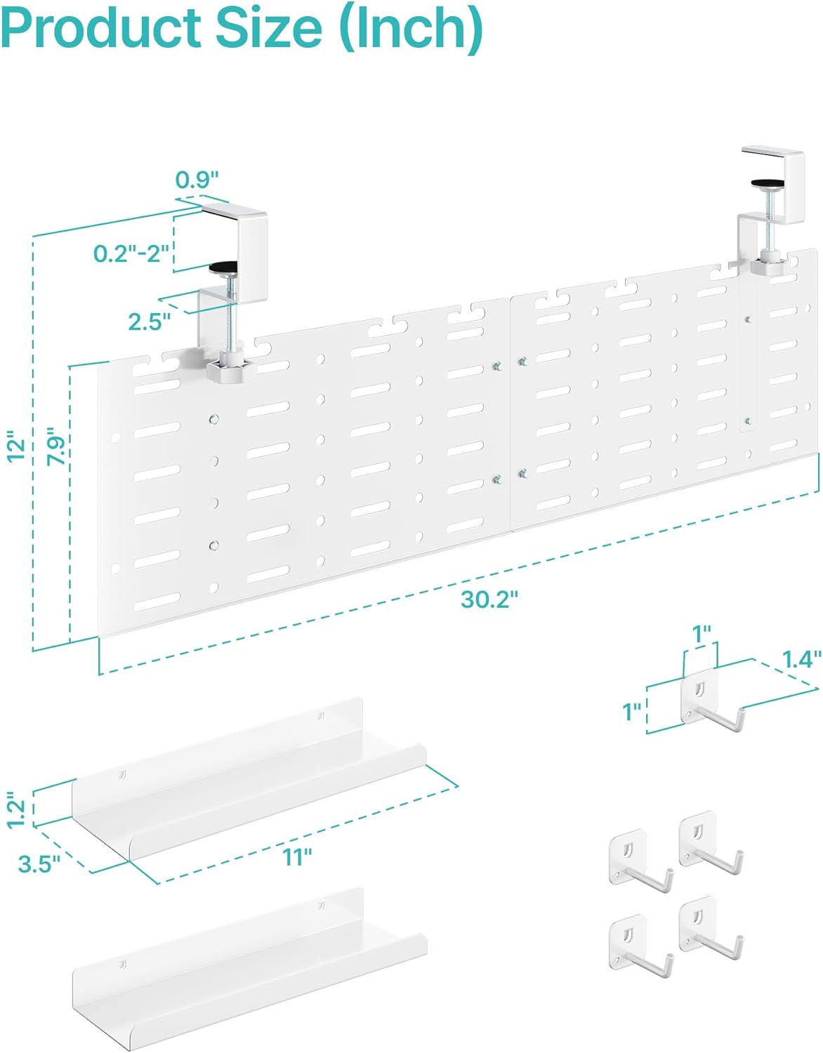 Under Desk Cable Management Tray, 30.2" Vertical Metal Pegboard Organizer for Power Strip, Cables, Clamp On Cord Organizer Rack with Hooks, Trays & Cable Straps for Home Office, White