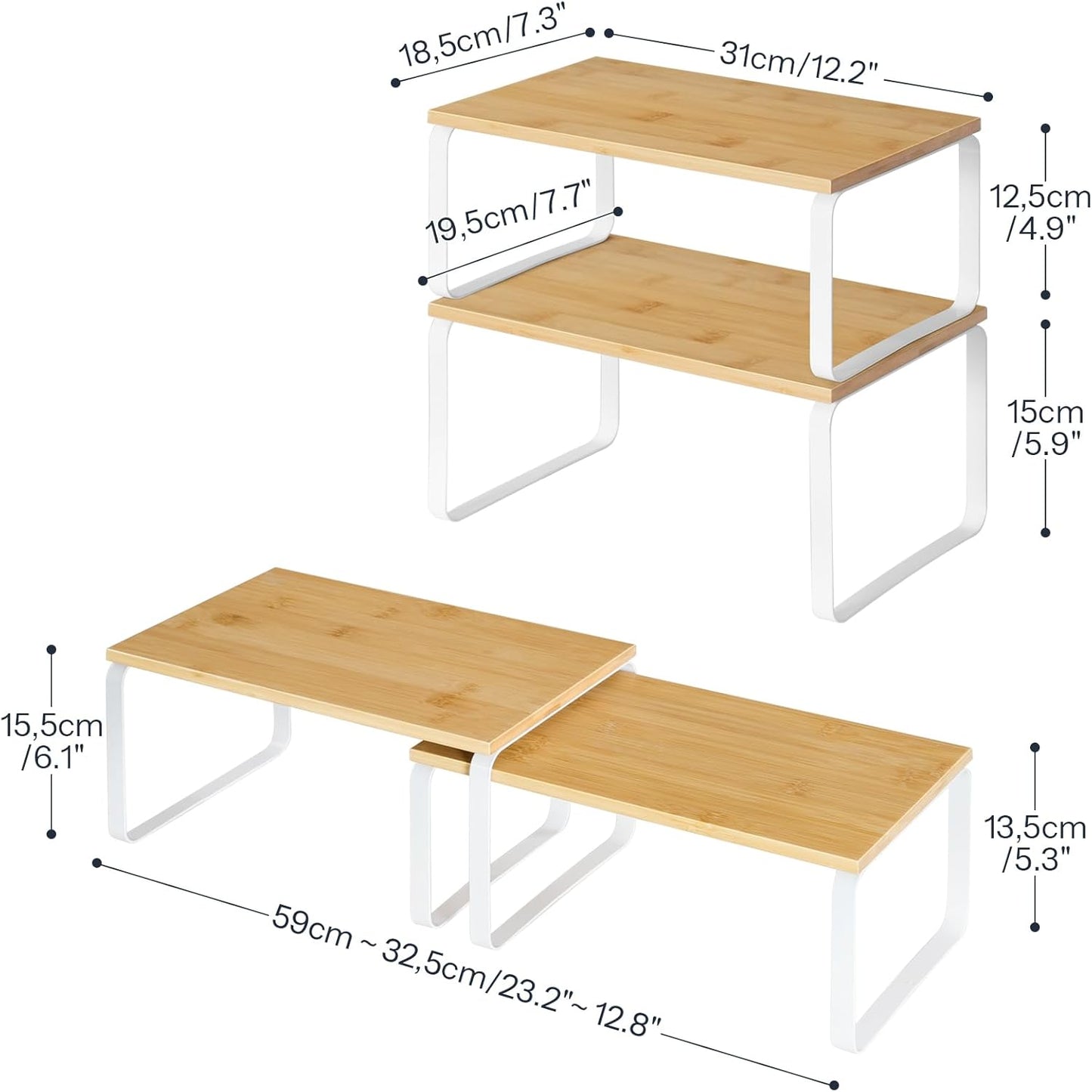 HOOBRO Cabinet Organizer Shelf, Set of 2 Kitchen Counter Shelves, Expandable Kitchen Storage, Stackable Bamboo Spice Rack, for Kitchen, Countertop, Office Desk, Bathroom, Natural and White YW30TL01
