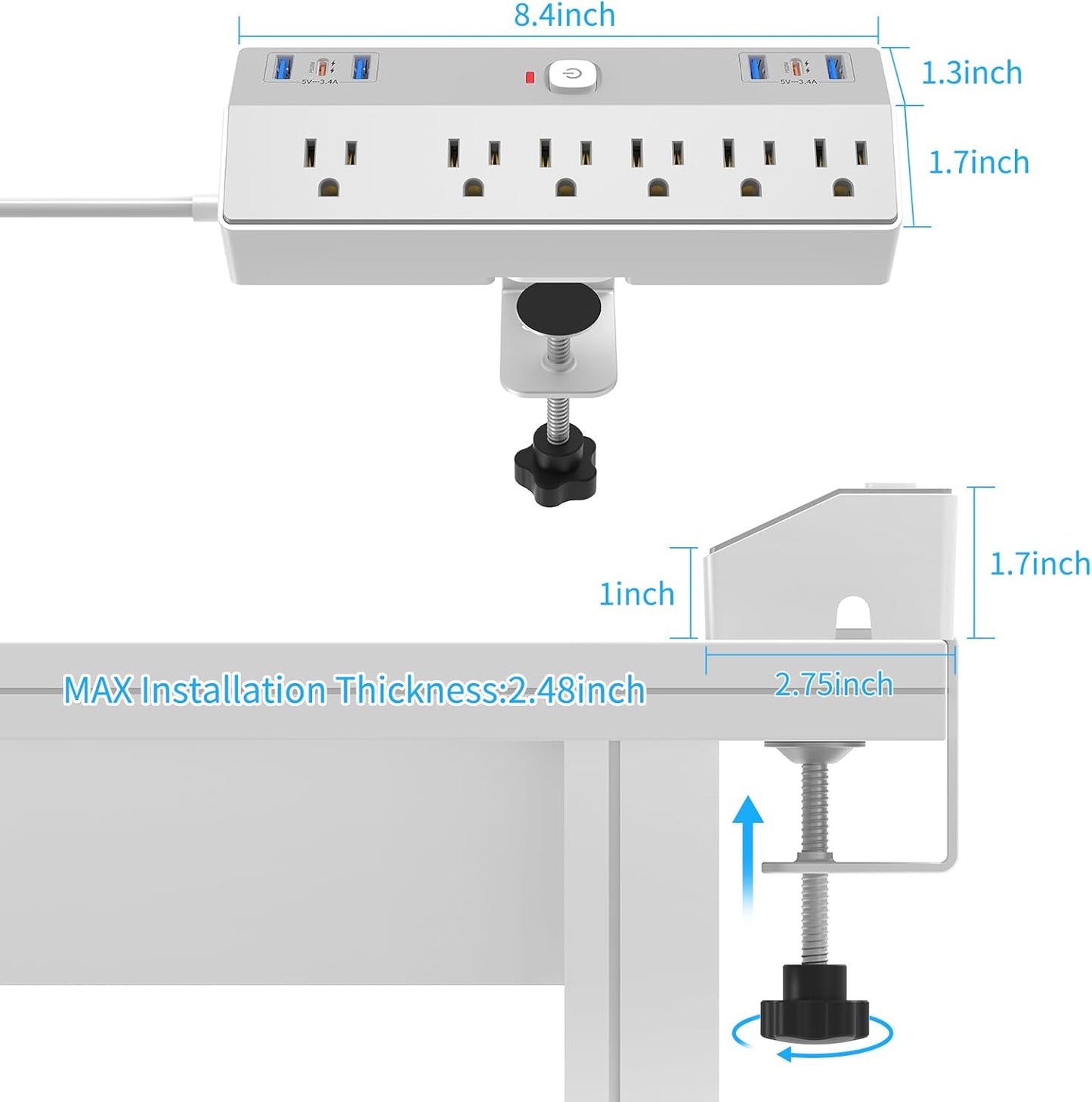 Desk Clamp Power Strip with 40W Fast Charging Station, JXGUCAT 10FT Flat Plug Desk Mount Power Strip Surge Protector, Removable Extension Cord with 2 USB-C Ports 6 Outlets, Fits 1.8" Tabletop Edge